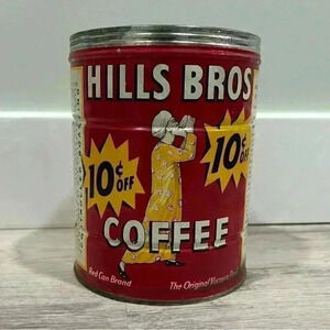 Vintage Hills Bros Coffee Can Red Tin 2lb 10 Cents Off Advertisement - No Lid